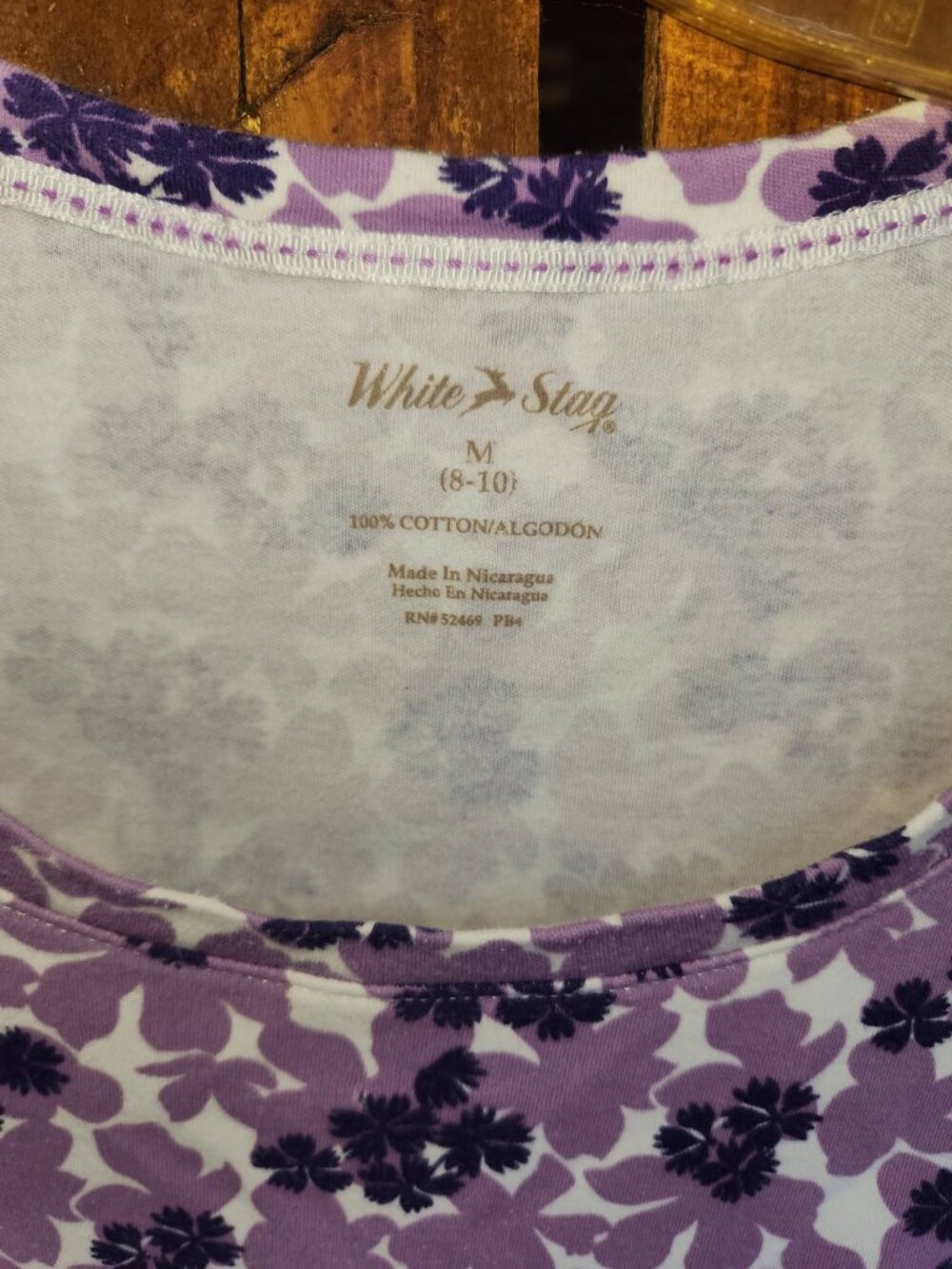 Size M Women's Purple Flower Shirt Short Sleeve Floral Top Casual White Stag - Picture 4 of 5